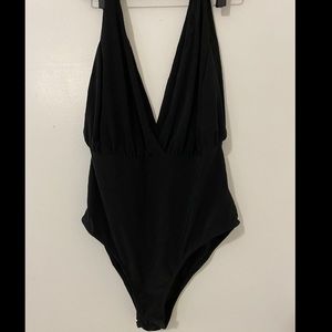 Deep V (front and back) silky black body suit